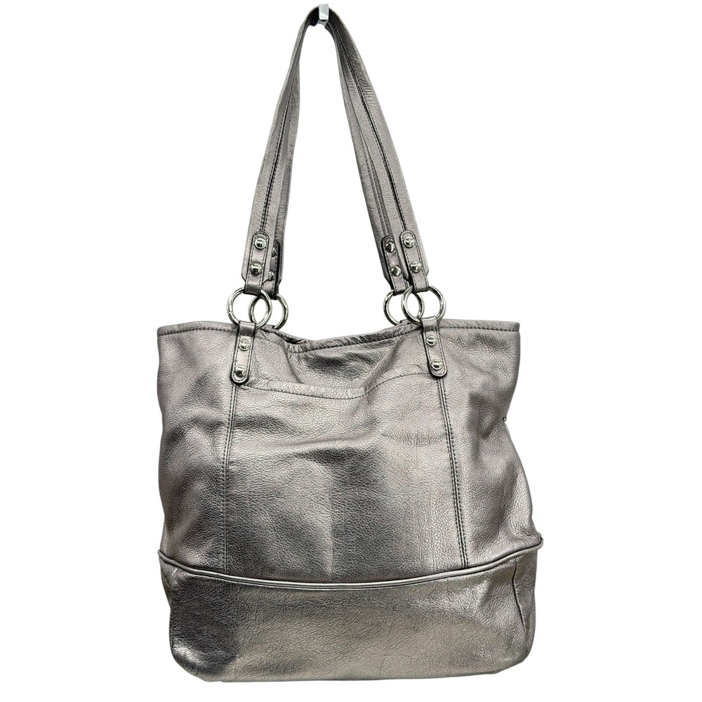B. Makowsky Tote Bag Women Silver Metallic Leather Y2K Leopard McBling Large